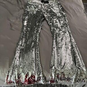 NWT Dolls Kill Silver Sequin Flare Pants (Large)